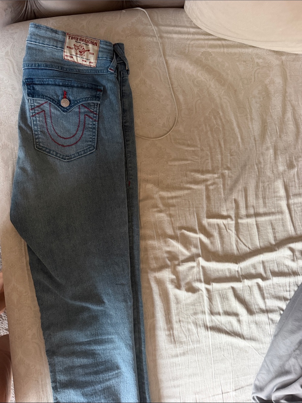 True Religion Women’s Light Blue Skinny Jeans with Red Stitching